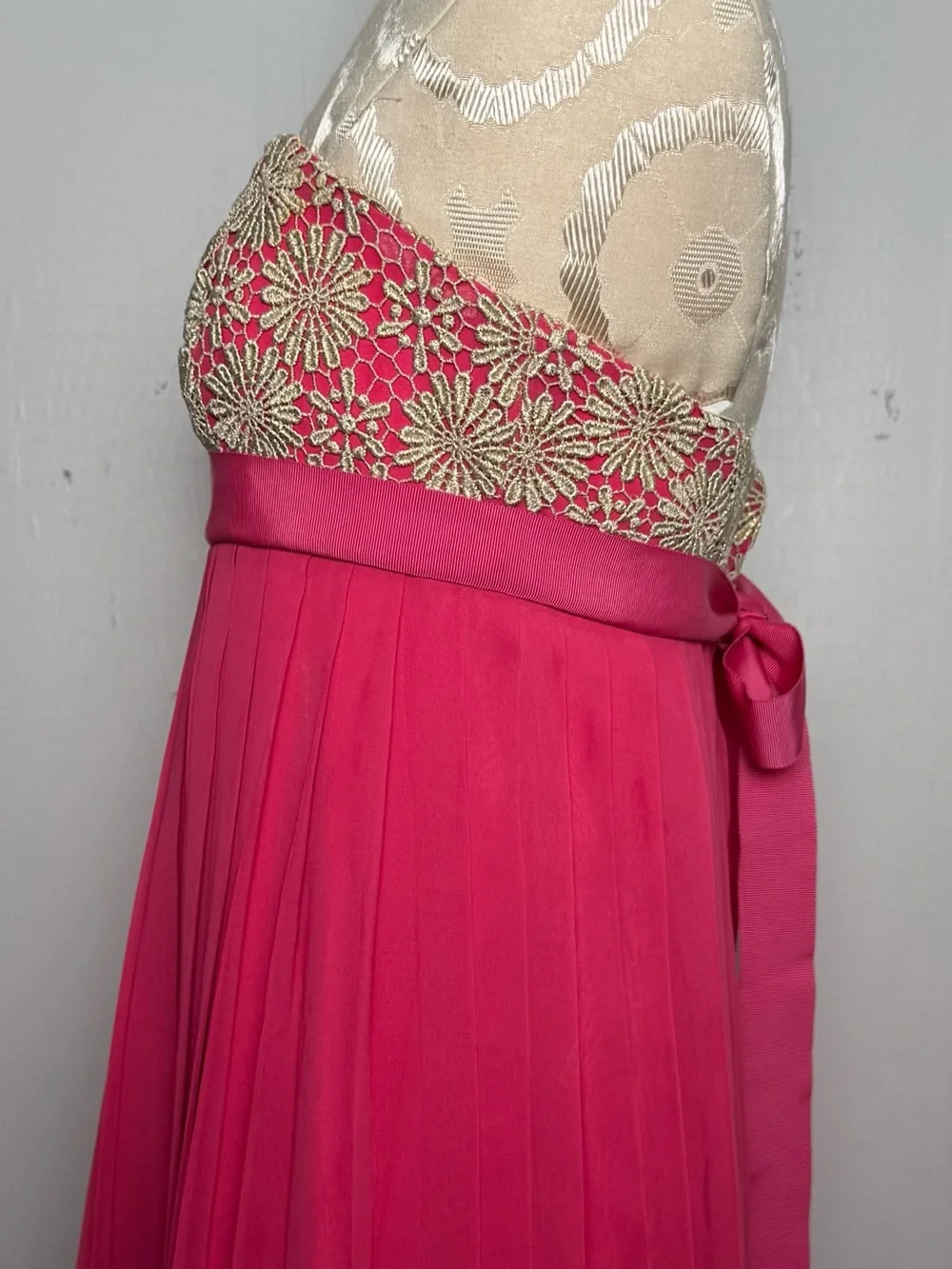 Lilly Pulitzer Pink Pleated Strapless Gold Lace Formal Gown Sz S - Picture 8 of 16